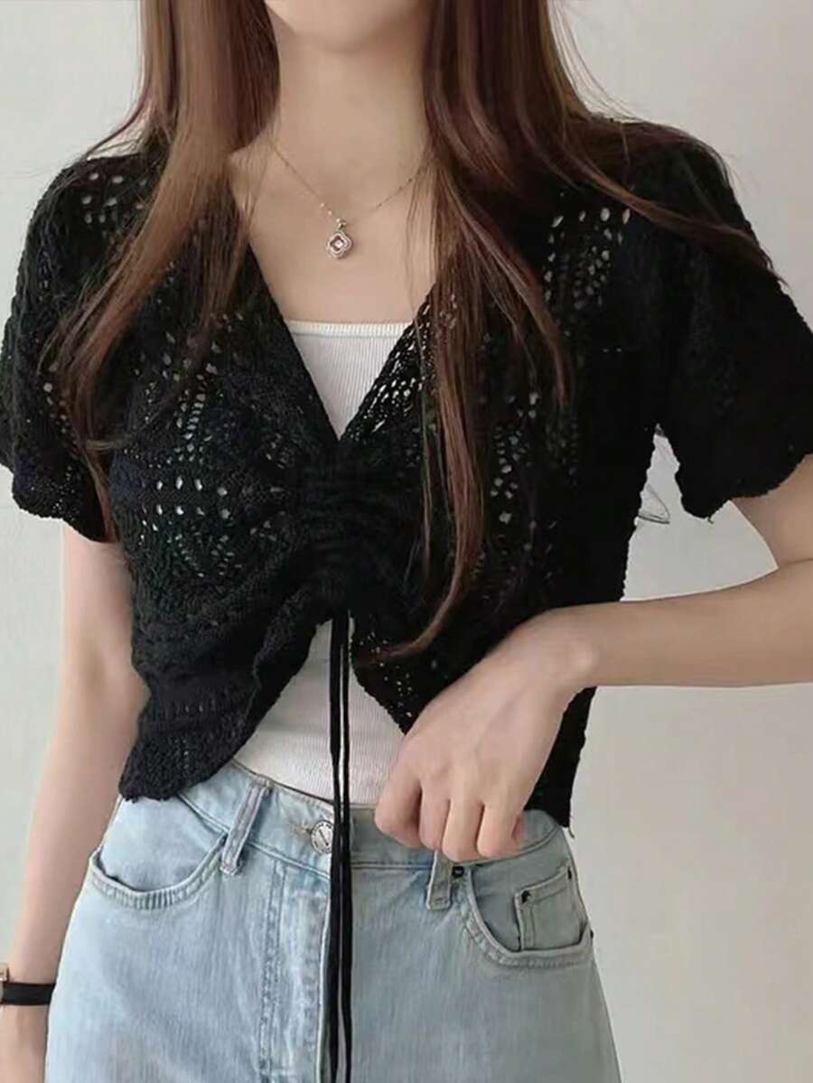 Áo dệt kim nữ cổ chữ V khoét rỗng, có dây rút, màu đen, thích hợp cho mùa hè. - màu đen - Xem 1