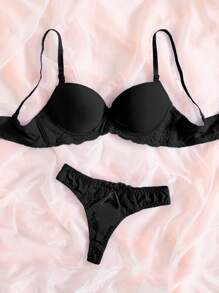 SHEIN Contrast Lace Super Push Up Bra & Panty Lingerie Set - Black - View 4