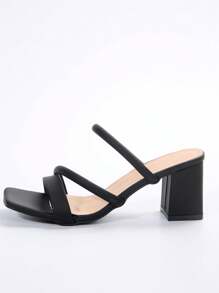 法式方头高跟凉鞋，白色极简风格新款夏秋季优雅人造皮革粗跟凉鞋，适合散步、约会、聚会、派对、通勤和商务 - 黑色 - 查看 5