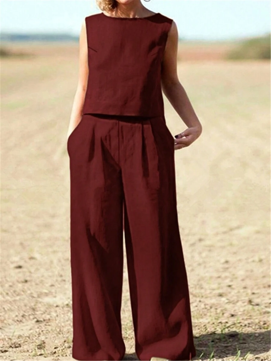 Simple Solid Color Casual Pants And Vest 2pcs/Set - Burgundy - View 1