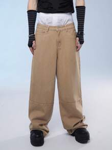 Manfinity Denimwave Men's Casual Loose Fit Wide Leg Denim Jeans With Pockets, Street Style - Khaki - View 5