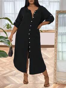 Calvaya Plus Button Front Roll Up Sleeve Dress For Summer - Black - View 4