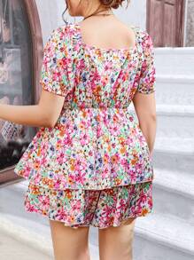 Sunnyshic Plus Size Simple Floral Top And Skirt Set