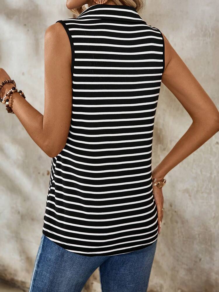 Women's Summer Striped Sleeveless Casual Shirt With Turn-Down Collar