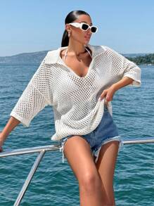 EURMUSE Top décontracté à col polo en tricot ouvert pour femme, pour l'été et les vacances à la plage - Beige - Voir 1