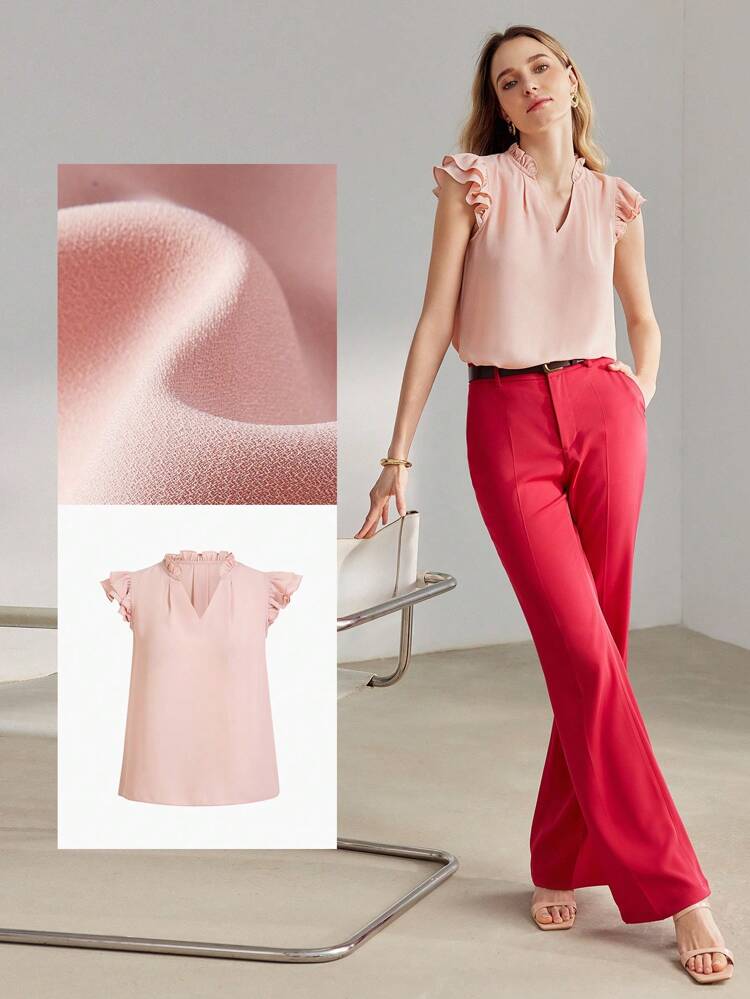 FRILL TRIM NOTCH NECK FLUTTER SLEEVE BLOUSE