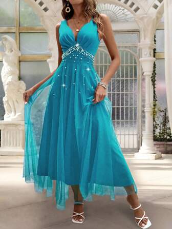 SHEIN Belle 人造珍珠串珠网眼覆盖吊带连衣裙长款女装