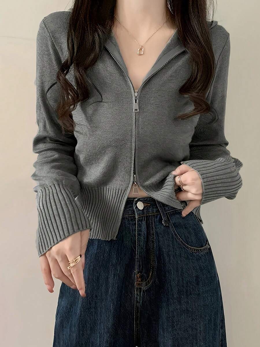 纯色拉链短款连帽开衫、长袖上衣 - 灰色 - 查看 1