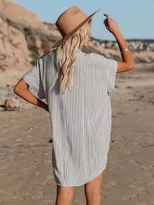 Casual Striped Bow Waist Short Sleeve Shirtdress - Grey - View 2