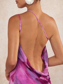L'Amorae Brush Print Draped Open Back Dress - Violet Purple - View 3
