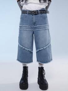 Manfinity Denimwave Men's Loose Fit Denim Shorts With Raw Hem, Patch Pockets, Streetwear Style - Light Wash - View 3