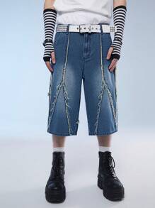 Manfinity Roghcode Men's Casual Denim Shorts With Raw Hem And Patch Pockets, Street Style - Dark Wash - View 1