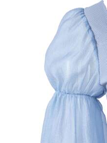2pcs Teen Girls' Round Neck Lantern Sleeve Top & Tight Ruffle Trim Mini Skirt Set, Summer - Dusty Blue - View 7