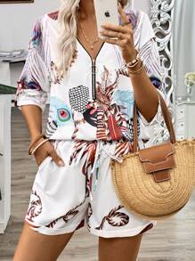 EMERY ROSE Loose Casual  Printed Vacation Women's 2pcs Set, Half-Zip Shirt And Shorts Fall Cloth For Women - Multicolor - View 6