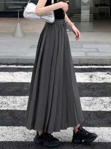 DAZY 纯色抽绳腰褶裙 - 灰色 - 查看 4
