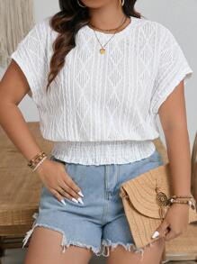 SHEIN Frenchy Plus Size Casual Texture Fabric Round Neck Batwing Sleeve Top With Drawstring - White - View 1