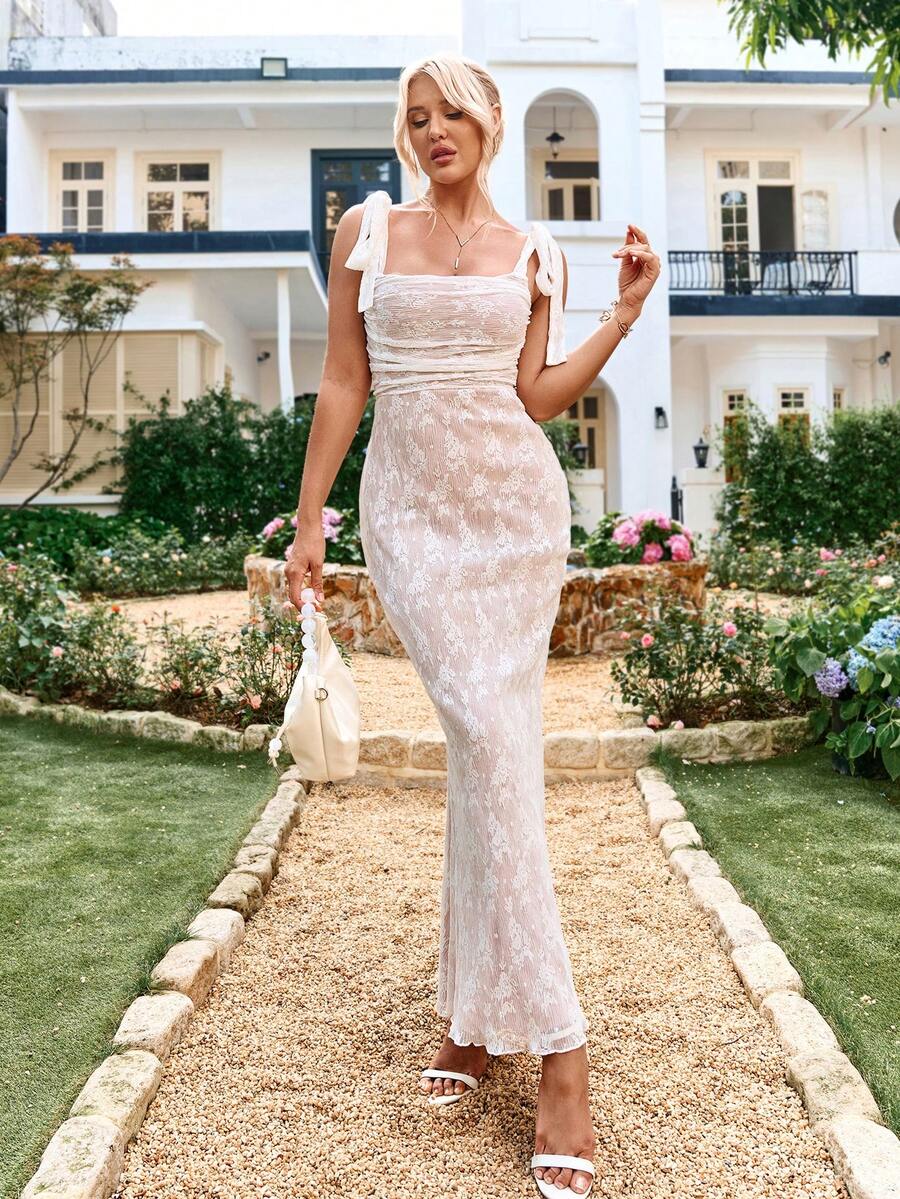 Backless Tie Mermaid Hem Ruched Contrast Lace Dress - White - View 1