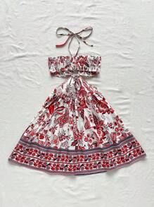 Soleia Blue & White Floral Print Drawstring Spaghetti Strap Hollow Out Waist Romantic Casual Vacation Dress For Women