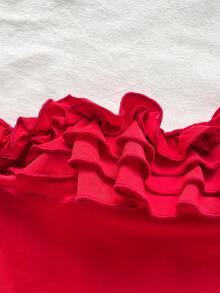 Soleia Cherry Red Pleated Off-Shoulder & Ruffle Romantic Holiday Casual Vacation Women's Top - Red - View 4