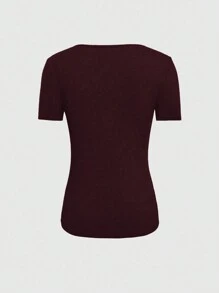 INAWLY Camiseta de manga corta con cuello redondo, ajuste delgado, hueco y de unicolor para mujer en verano - Burdeos - Ver 2