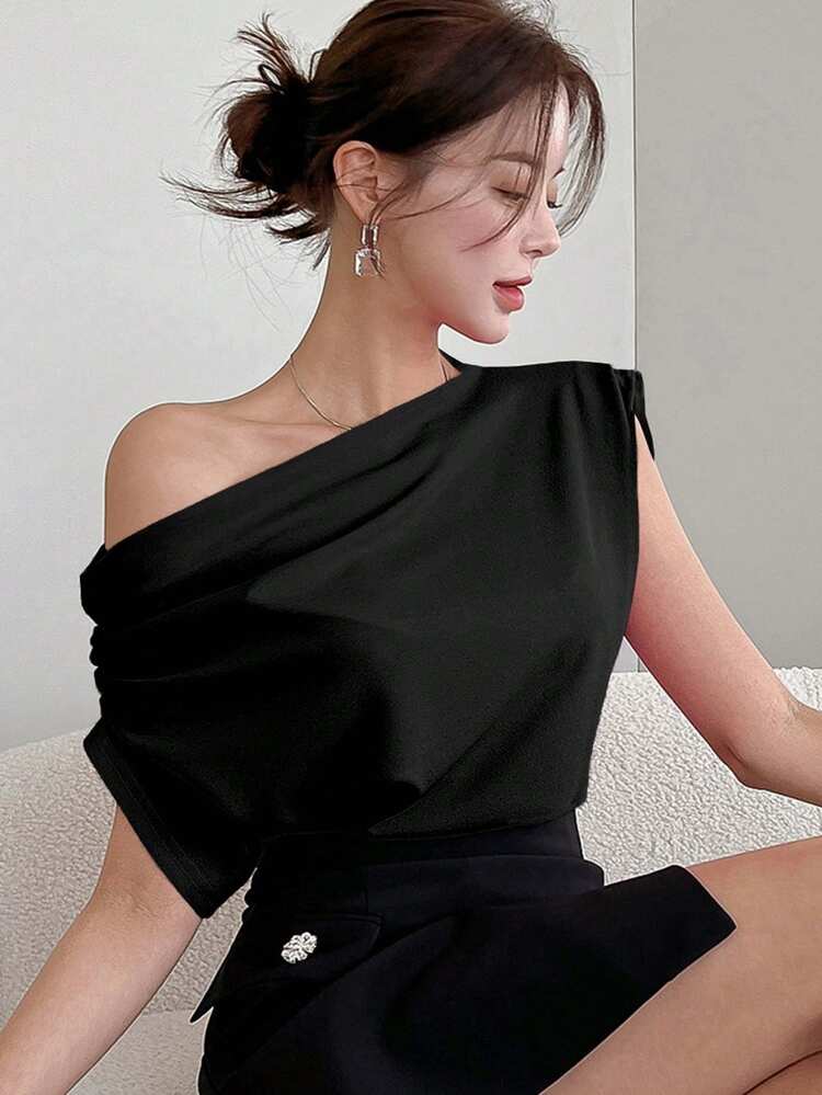 Women's Summer Solid Color Asymmetric Collar Pleated Loose Fashion T-Shirt