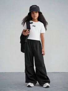 SHEIN Tween Girl Short Crop Top With Raglan Sleeve And Letter Print - White - View 5