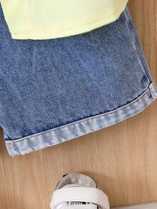 3pcs/Set Baby Girls' Spring/Summer Outfit - Long Sleeve Patchwork Shirt, White T-Shirt And Washed Denim Shorts - Blue - View 4