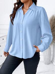 Elenzga Plus Size Spring/Summer Casual Solid Color Long Sleeve Shirt Fall Cloth For Women - Blue - View 7