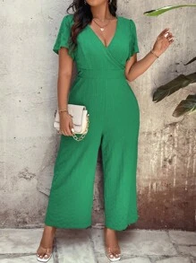 SHEIN Clasi Plus Size Women's Solid Color Casual Short Sleeve Jumpsuit For Daily Wear - Green - View 2