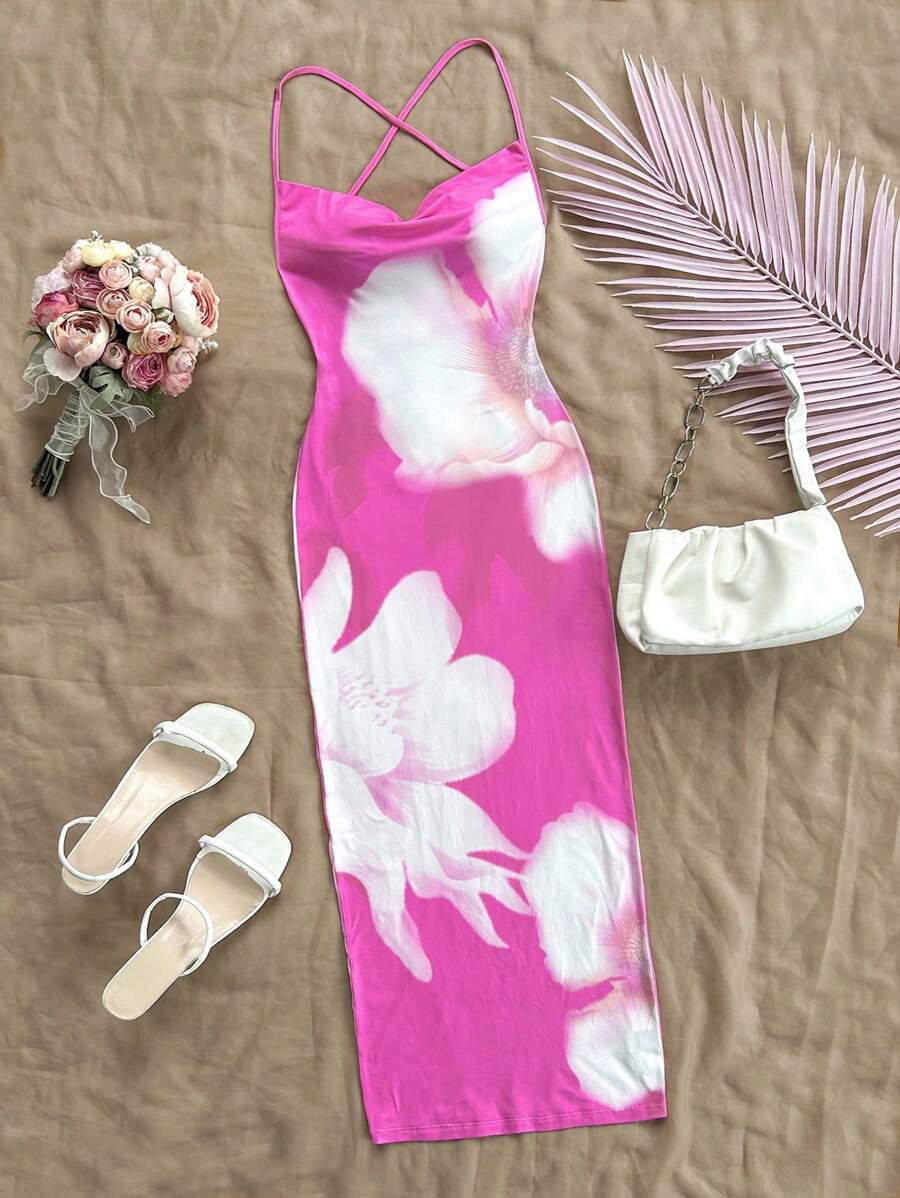 Soleia WYWH女裝休閒假期十字背無袖深V領漸變花卉印花緊身分割連身裙，適用於夏季假期 - 彩色 - 查看 1