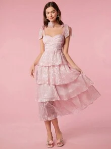 Enchnt 花卉提花帶肩層疊襬鬆緊罩衫連身裙 - 淺粉色 - 查看 4