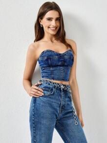 SHEIN Cottnline SLEEVELESS BLUE CROP JEAN TOP - Medium Wash - View 7