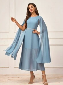 SHEIN Belle Elegant, Graceful, Romantic, Sweet And Charming Fashionable Woman's Round Neck Pearl Chain Decorated Cape Shawl With Side Drape Sleeves, Loose Neck Tie, Chest Pad, Gathered Chest Design, Anti-Glint, Uneven And Asymmetrical Hemline, High Waist A-Line Profile, Umbrella-Shaped Swing Hemline, Suitable For Holiday, Travel, Wedding, Bohemian Style, Beach Wedding, Outdoor Wedding, Lawn Wedding, Formal Wedding, Mother-Of-The-Bride Dresses, Bridesmaid Dresses, Medium Grey