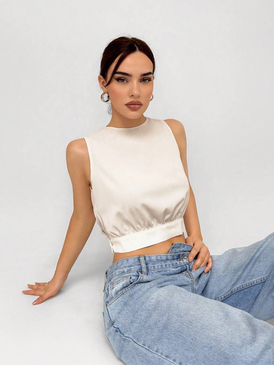 Aloruh Áo Sơ Mi Nữ Dệt Kim Không Tay Màu Mai, Mùa Hè - Màu be - Xem 1