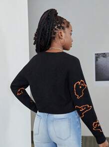 少女卡通圖案垂墜肩毛衣 - 黑色 - 查看 2