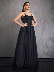 Mgiacy Beaded Shimmering Sparkly Lace Mesh Cami Cupped Dress - Black - View 5