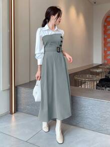 Dazy Star 女式拼色简约长袖休闲衬衫裙，秋季连衣裙