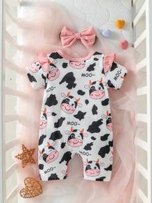 SHEIN Ropa De Una Sola Pieza Con Volantes Y Banda Para La Cabeza Con Diseño Gráfico De Letra Y Vaca Para Bebé Niña