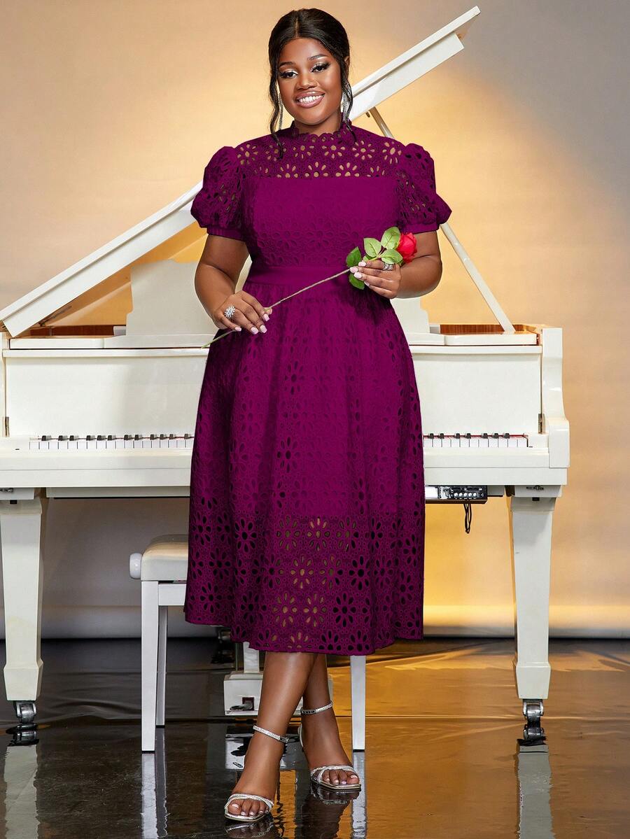 Plus Size Spring Purple Easter Solid Color Hollow Out Lace Puff Sleeve A-Line Elegant Wedding Birthday Date Dress For Women, Valentine's Day Party Dress Wedding Guest Cocktail Dress - Màu tím - Xem 1