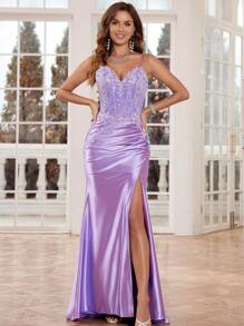 Lilac Elegnat Mermaid Lace Evening Dresses Long With High Slit Cross Back Deep V-Neck Sparkly Lace Prom Party Gowns For Women Elegant Formal Wedding Guest Dress, For Graduation, Dinner - Màu Lilac Tím - Xem 1