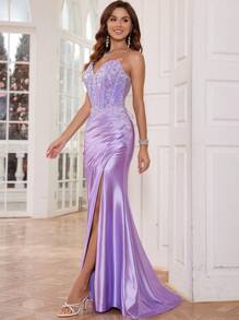 Lilac Elegnat Mermaid Lace Evening Dresses Long With High Slit Cross Back Deep V-Neck Sparkly Lace Prom Party Gowns For Women Elegant Formal Wedding Guest Dress, For Graduation, Dinner - Màu Lilac Tím - Xem 6