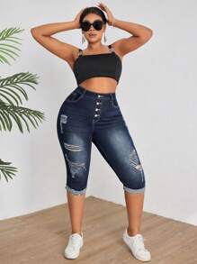 SHEIN SXY 時尚大尺碼女士夏季中長款修身牛仔褲，帶有破損細節 - 深色水洗藍 - 查看 5