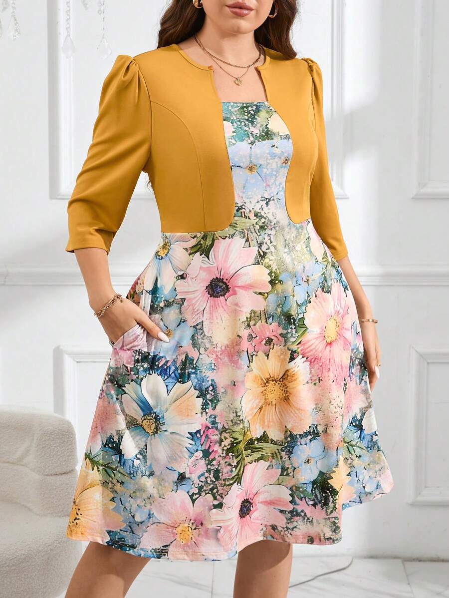 SHEIN Clasi Váy chữ A in hoa cỡ lớn với thiết kế 2 trong 1, tay ngắn và eo thắt cho trang phục giáo viên có túi - Nhiều màu - Xem 1