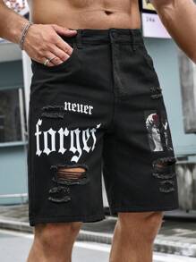 Manfinity LEGND Men Letter Graphic Ripped Denim Shorts Jorts - Black - View 3