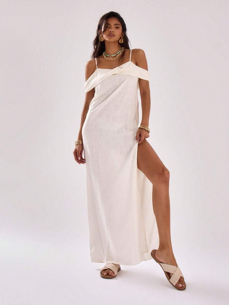 MUSERA Trang phục đi biển cho nữ, kiểu dáng rộng rãi, hở vai, đầm maxi thanh lịch mùa xuân hè, thích hợp cho kỳ nghỉ, tiệc cưới, tiệc độc thân, lễ tốt nghiệp, dạ hội. - trắng - Xem 1