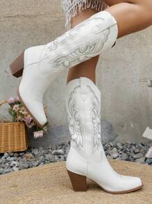 女士西部风格尖头中筒靴，刺绣粗跟牛仔靴 - 白色 - 查看 5
