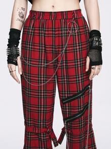 ROMWE Grunge Punk 龐克風格黑紅色格子金屬鏈條拉鍊彈性腰部女長褲 - 紅色 - 查看 5