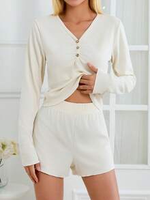 RueChic 2Pcs Women Camisole Fabric V Neck&Lace &Buttons Detail Shirt And Shorts Homewear Lounge Set - Beige - View 5