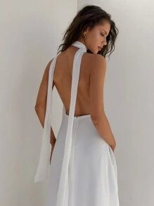 Aloruh Women's Spring/Summer Wedding Season Party Deep V-Neck Backless Halter Chiffon Cinched Waist A-Line Dress,White Graduation Dress - White - View 5