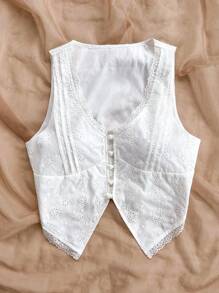 Soleia 白色紋理復古浪漫蕾絲邊收腰紮帶V領無袖背心上衣，適用於休閒和度假 - 白色 - 查看 3